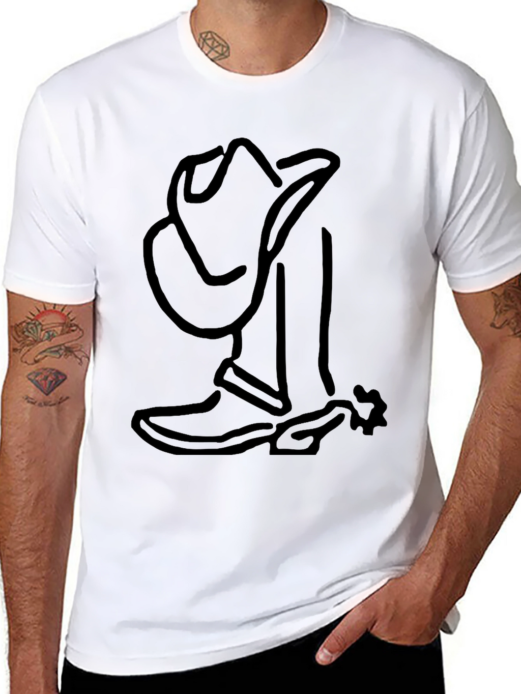 Cool Cowboy Boot & Hat Outline Graphic T-Shirt