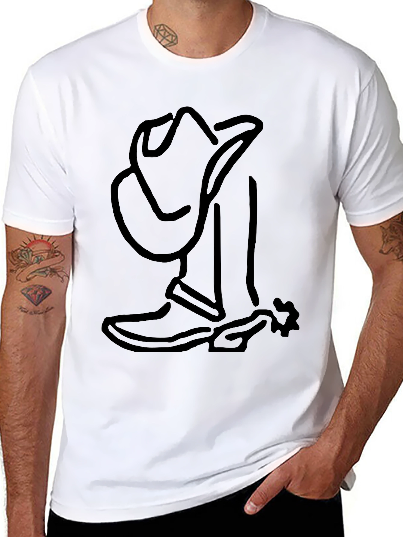 Cool Cowboy Boot & Hat Outline Graphic T-Shirt