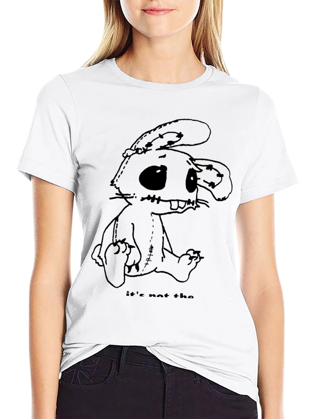 Creepy Stitched Bunny Graphic Tee - Black