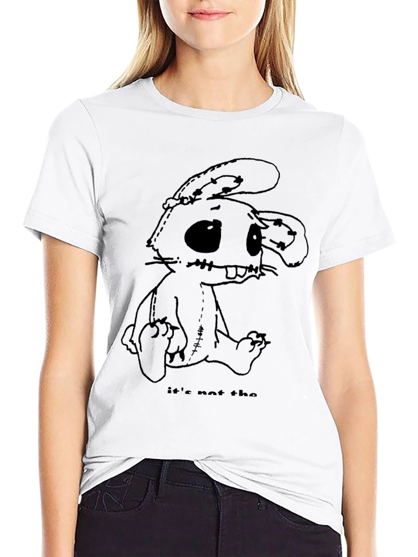Creepy Stitched Bunny Graphic Tee - Black