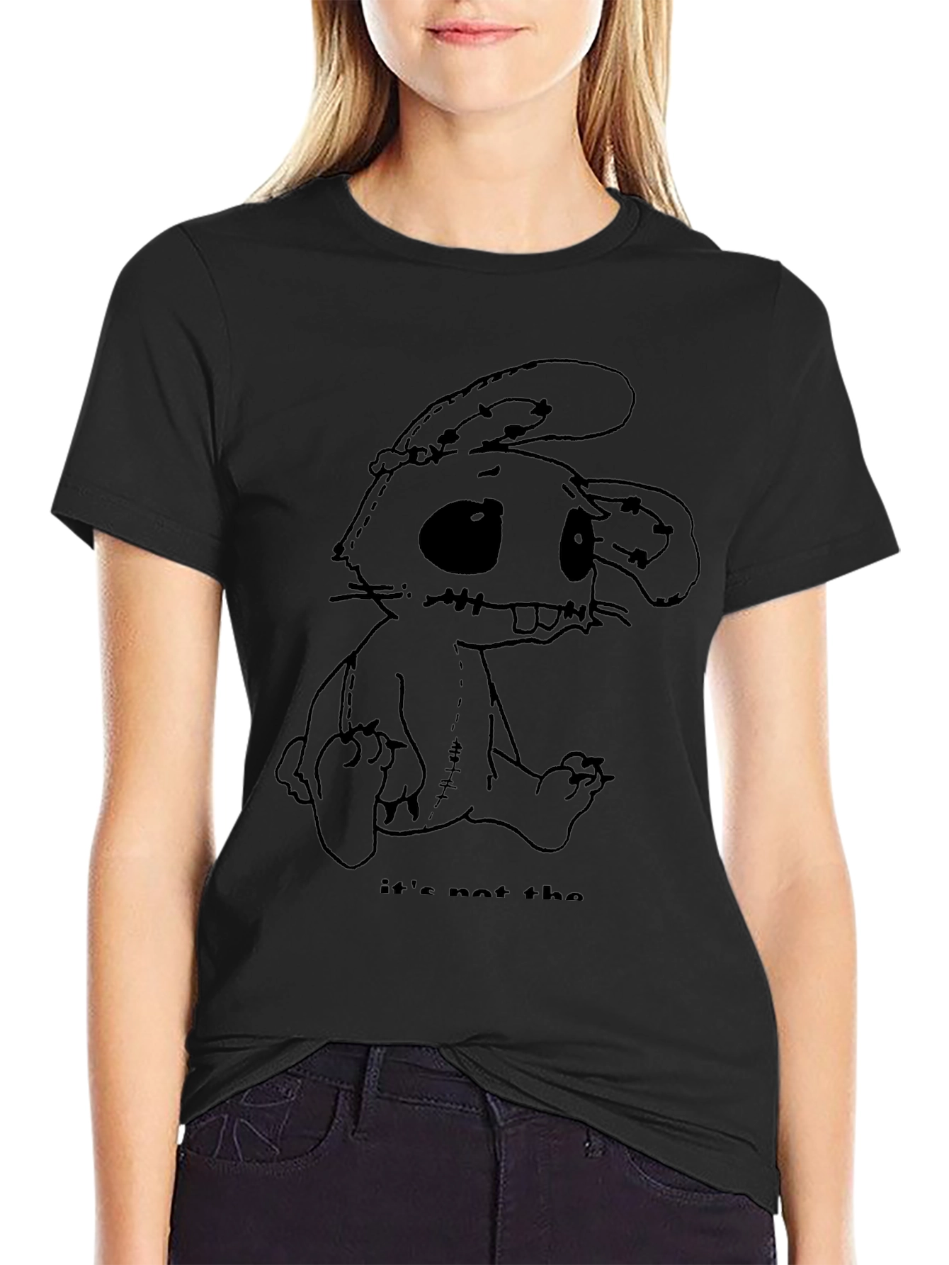 Creepy Stitched Bunny Graphic Tee - Black