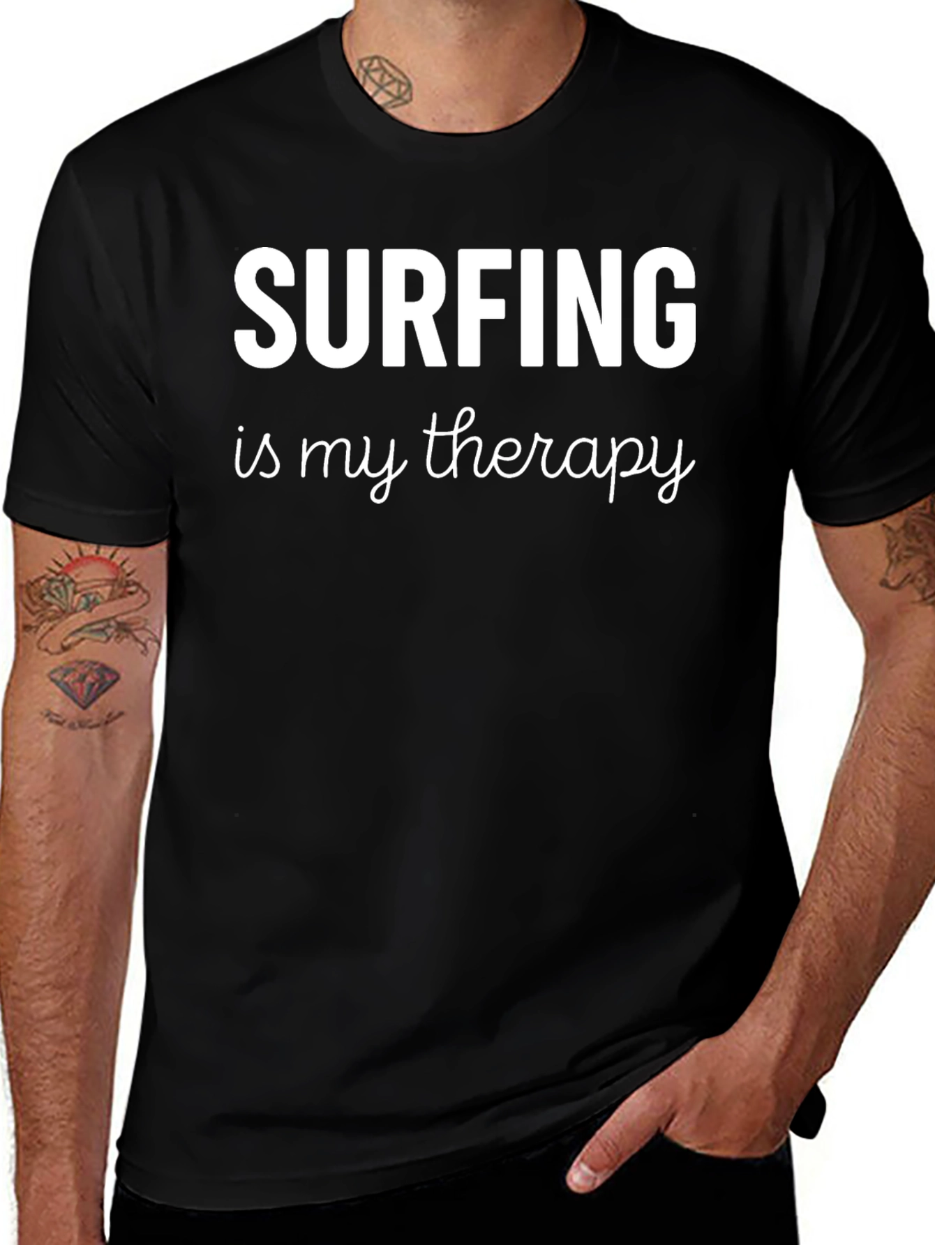 Surfing is My Therapy Black Graphic T-Shirt