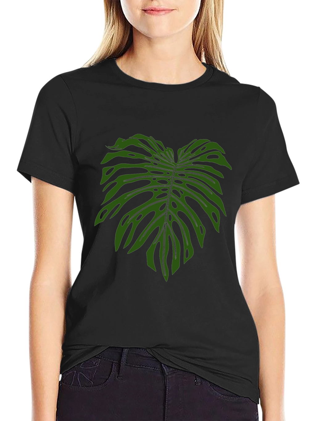 Tropical Monstera Leaf Print Black T-Shirt