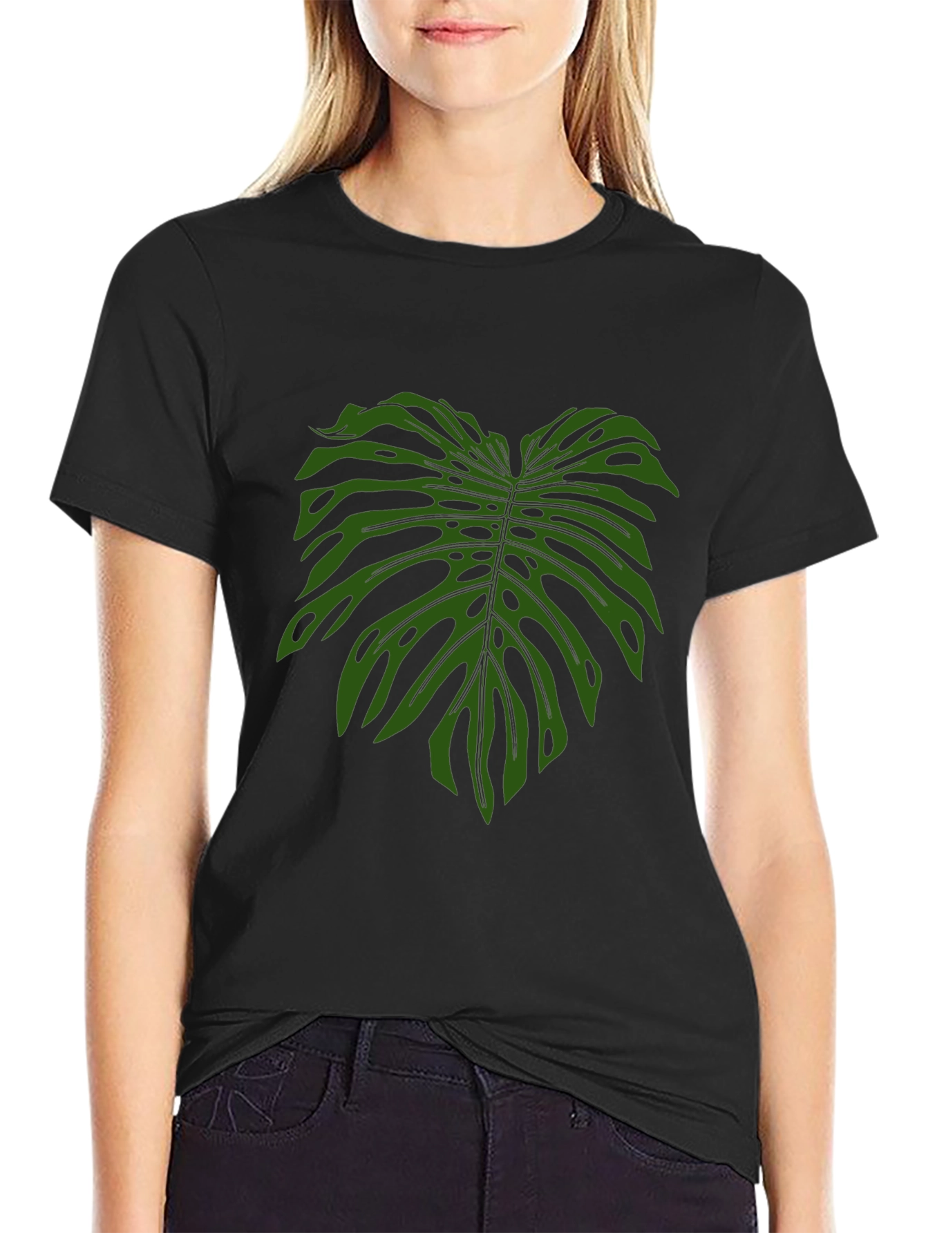 Tropical Monstera Leaf Print Black T-Shirt