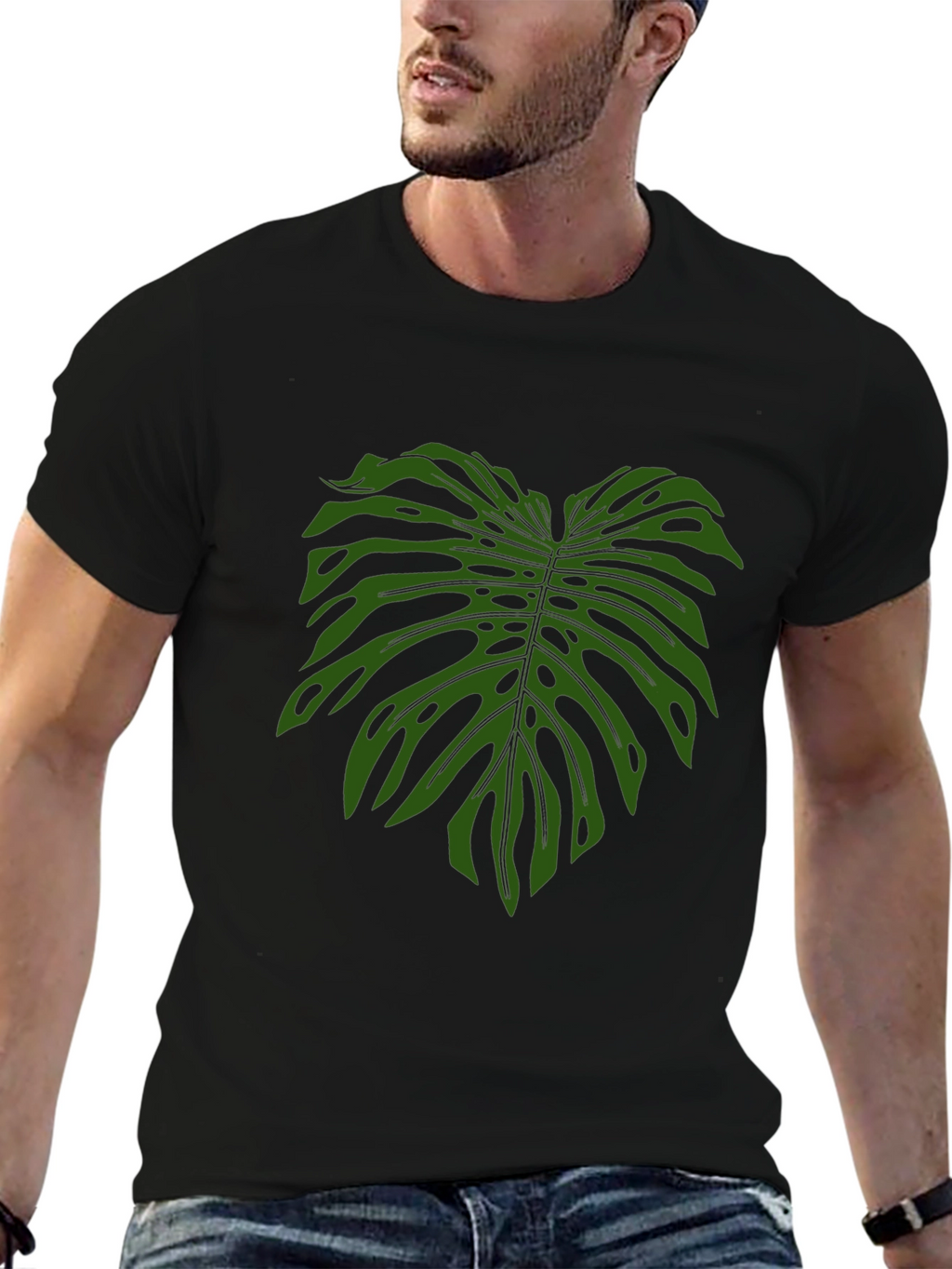 Tropical Monstera Leaf Print Black T-Shirt