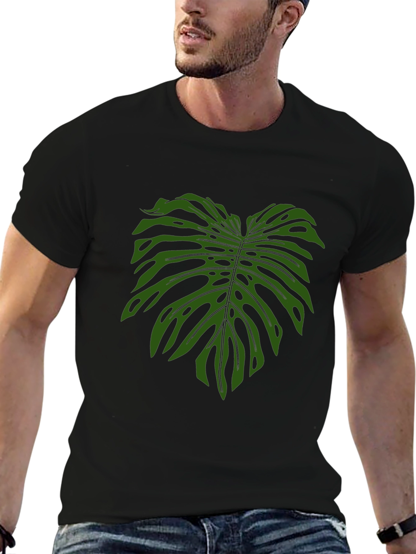 Tropical Monstera Leaf Print Black T-Shirt