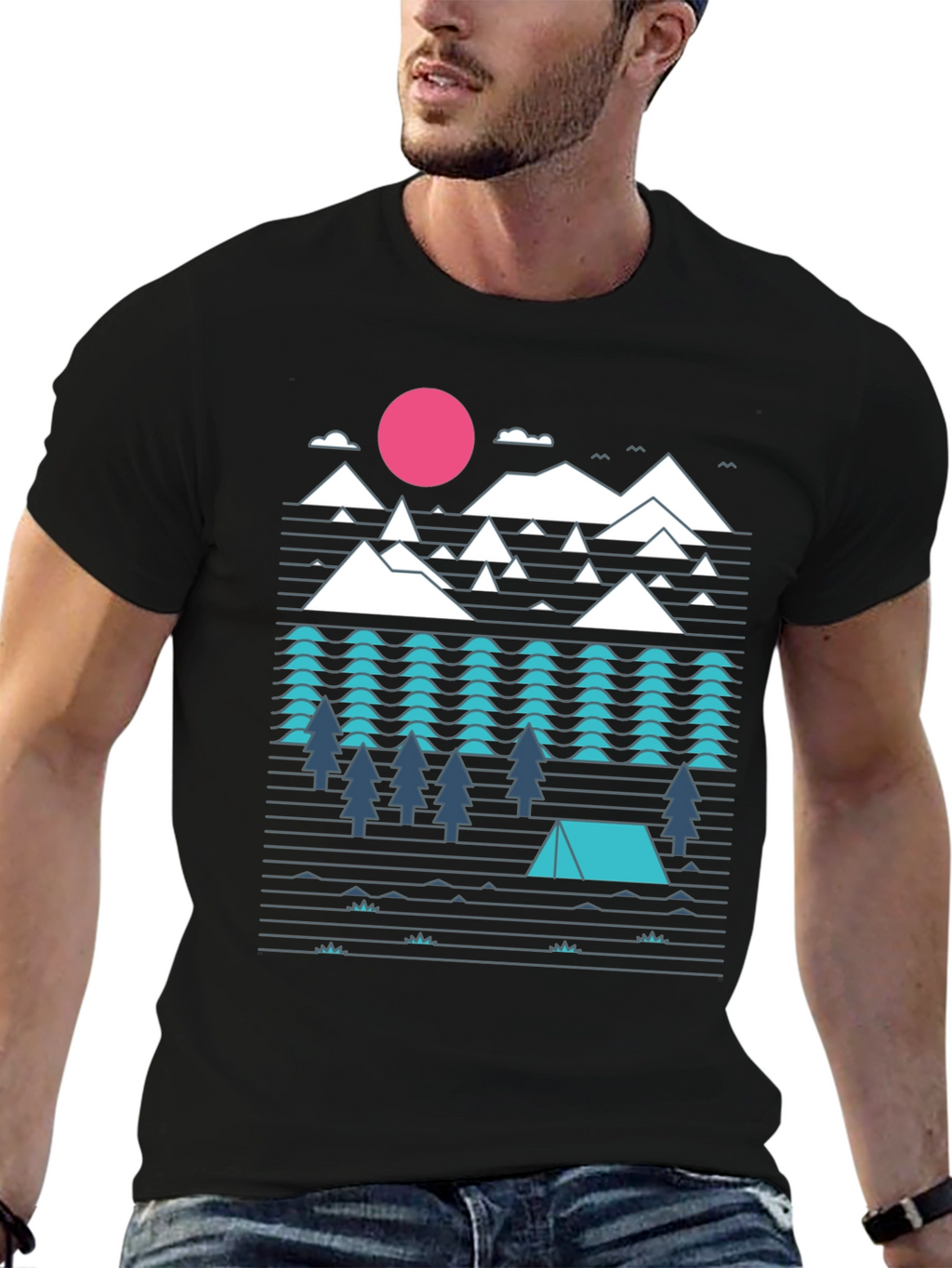 Geometric Mountain Camping Black Graphic Tee