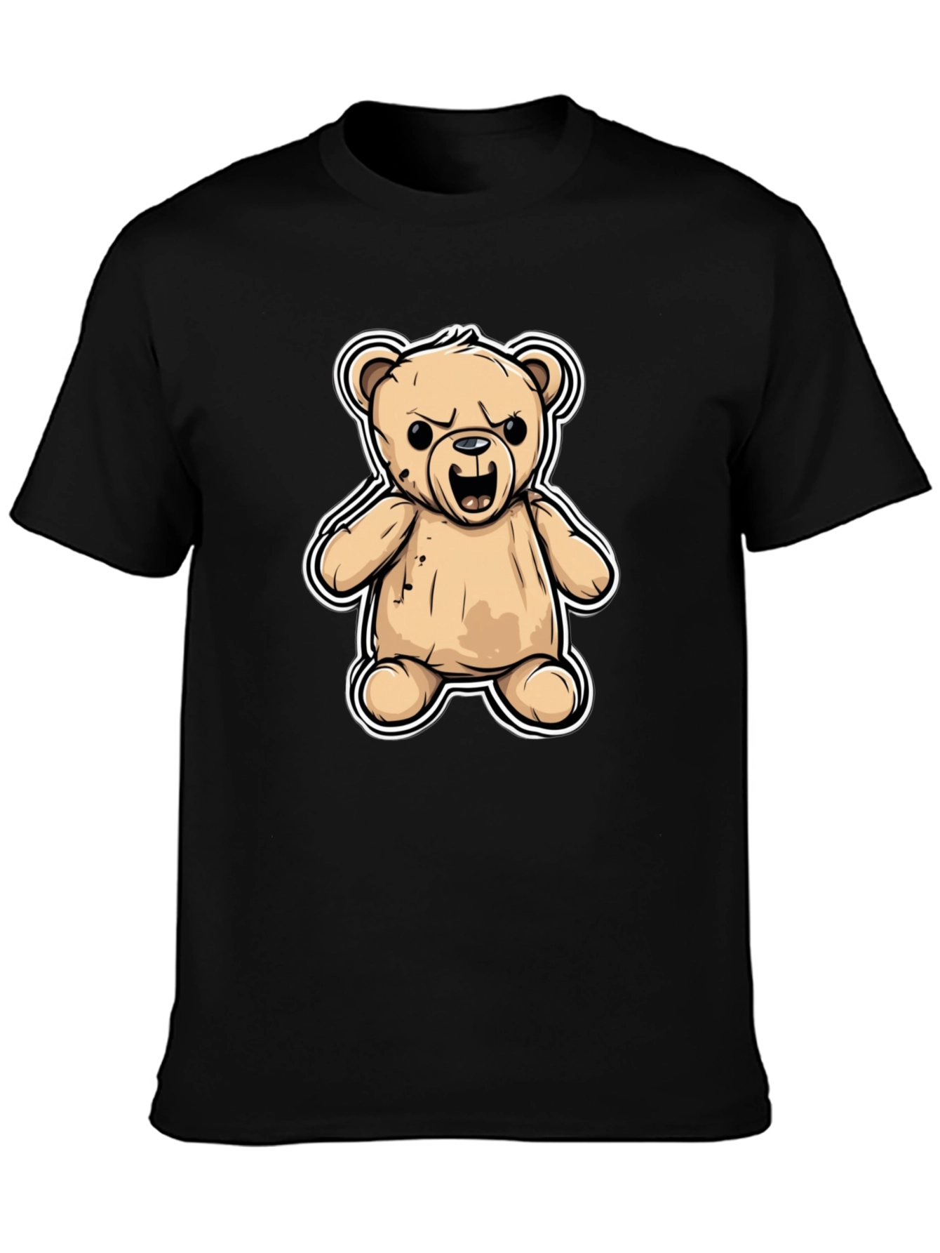 Mens Black T-Shirt with Cartoon Angry Teddy Bear Design