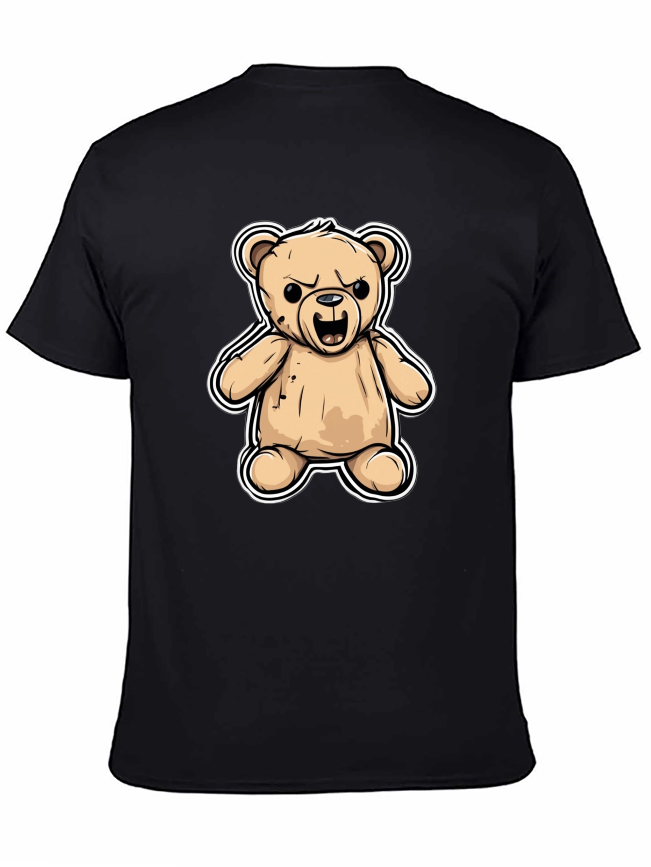 Mens Black T-Shirt with Cartoon Angry Teddy Bear Design