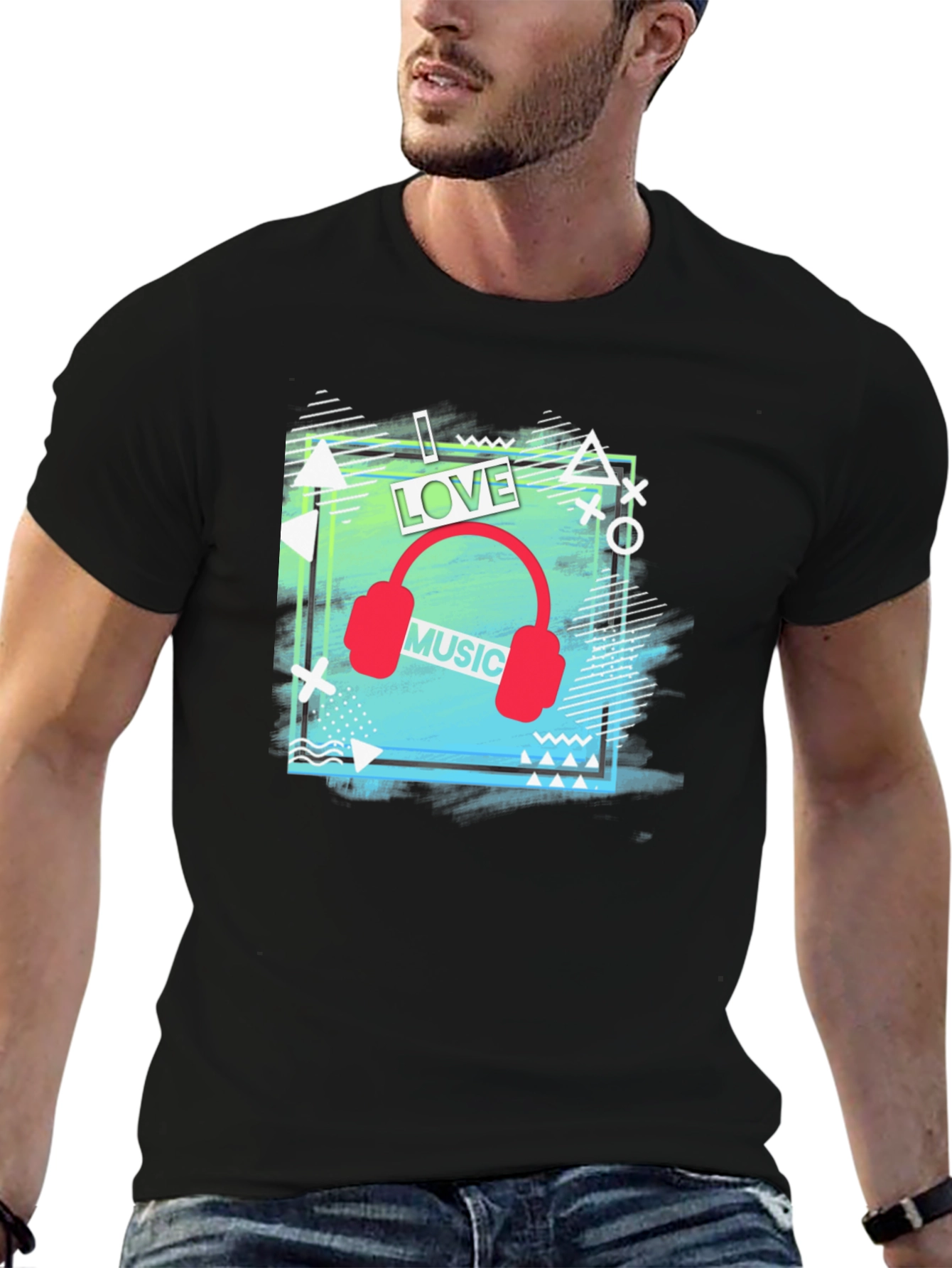 I Love Music Mens Black Graphic T-Shirt