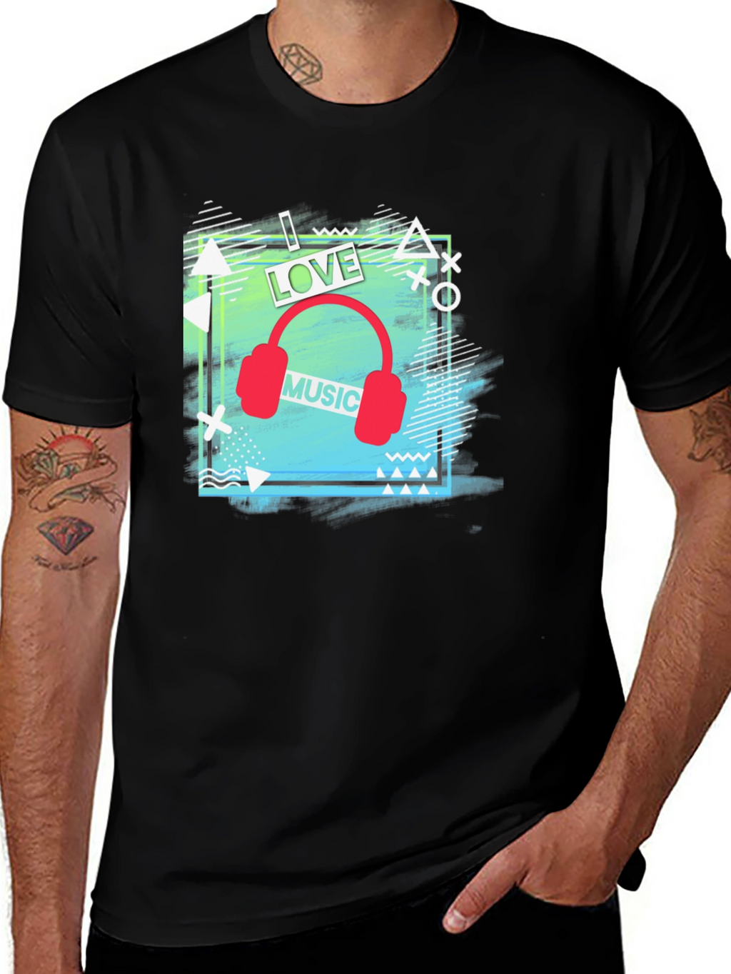 I Love Music Mens Black Graphic T-Shirt