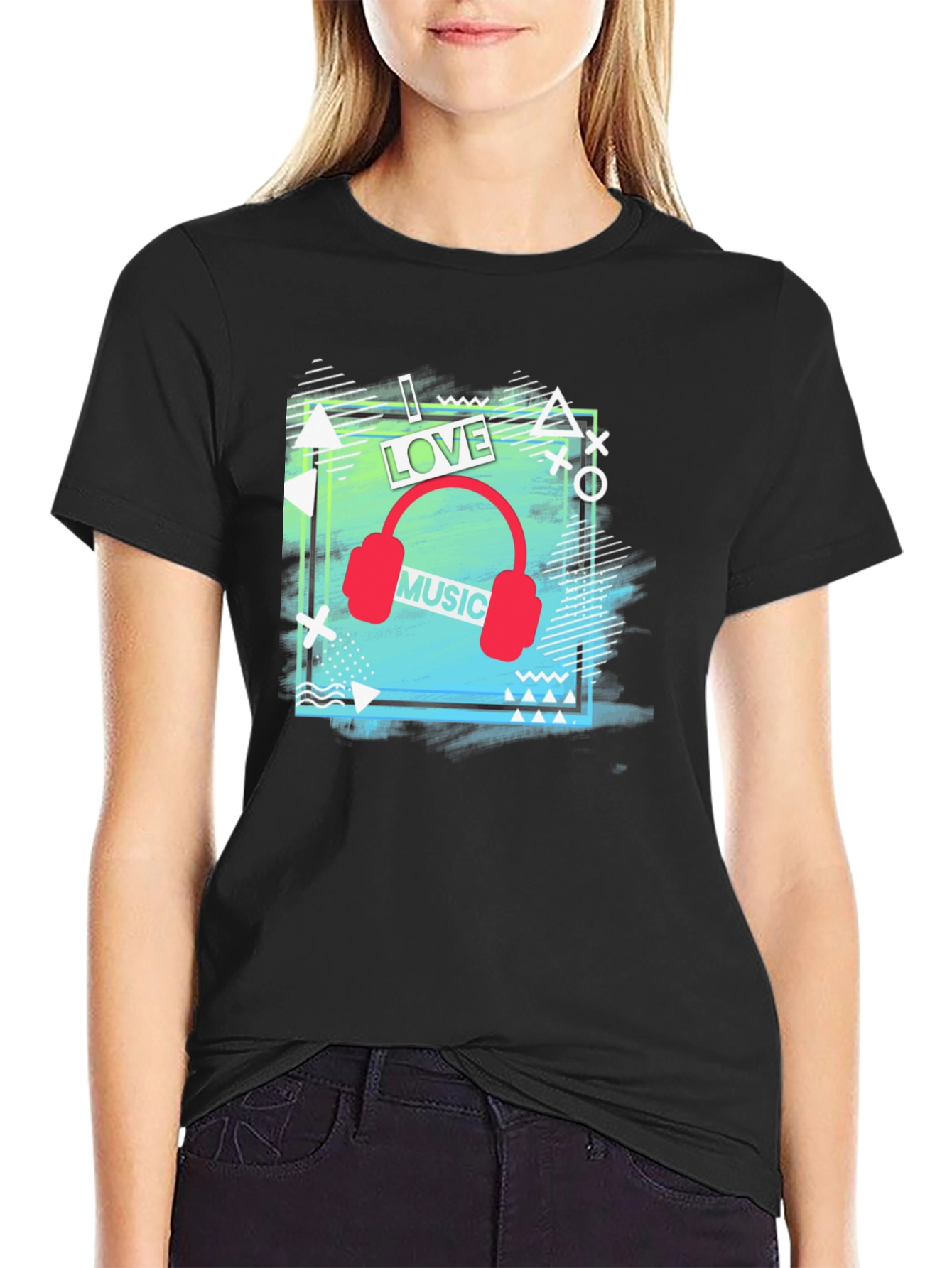 I Love Music Mens Black Graphic T-Shirt