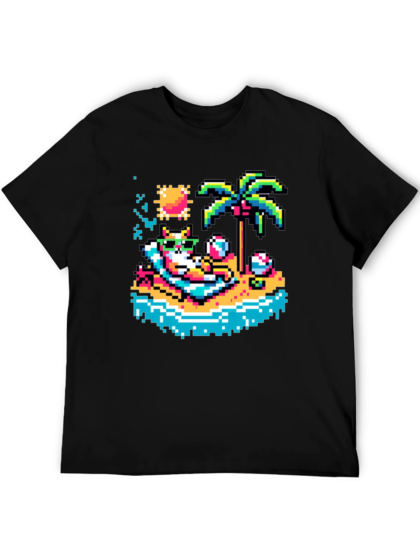 Pixel Cat Beach T-Shirt - Retro Summer Vibes