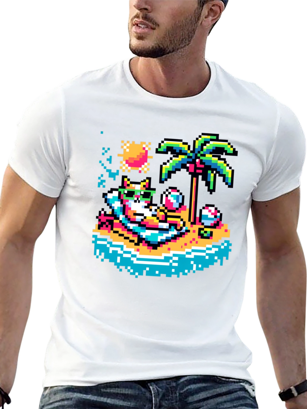 Pixel Cat Beach T-Shirt - Retro Summer Vibes