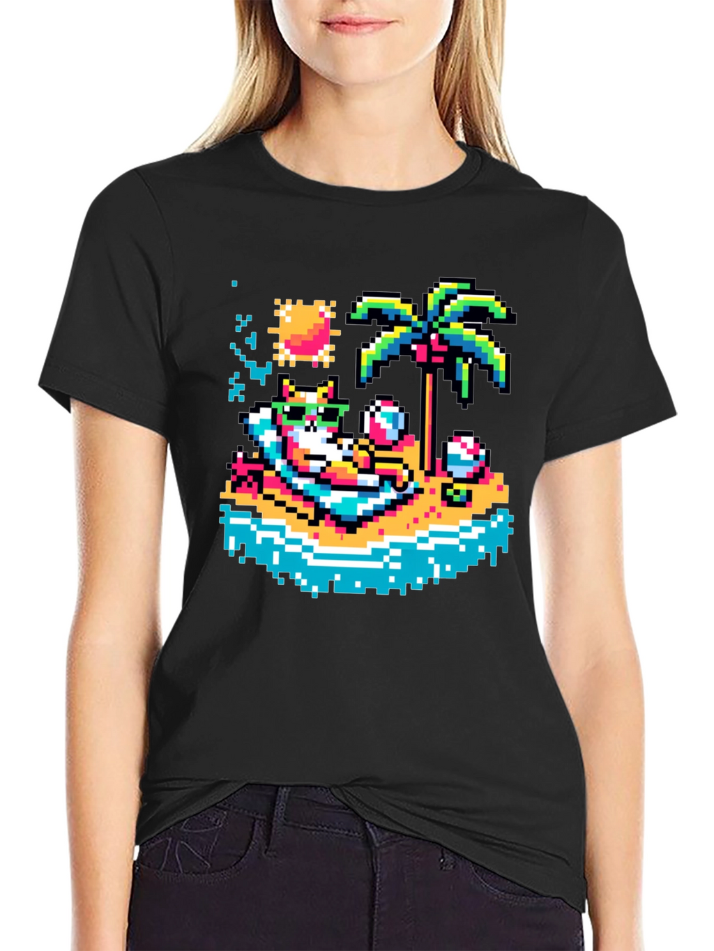 Pixel Cat Beach T-Shirt - Retro Summer Vibes