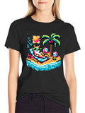 Pixel Cat Beach T-Shirt - Retro Summer Vibes