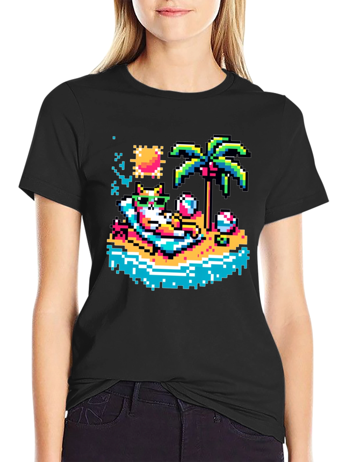 Pixel Cat Beach T-Shirt - Retro Summer Vibes