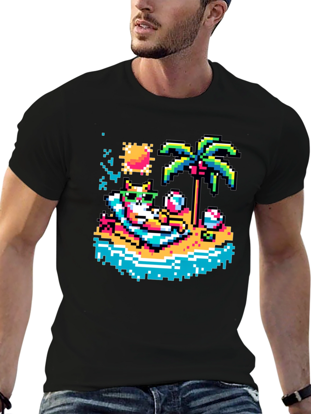 Pixel Cat Beach T-Shirt - Retro Summer Vibes