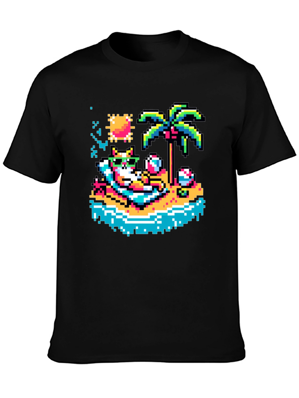 Pixel Cat Beach T-Shirt - Retro Summer Vibes