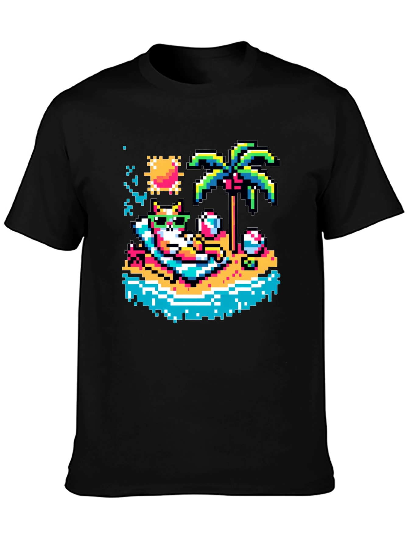 Pixel Cat Beach T-Shirt - Retro Summer Vibes