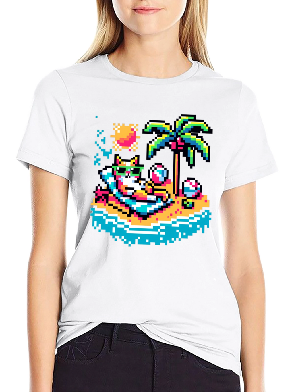 Pixel Cat Beach T-Shirt - Retro Summer Vibes