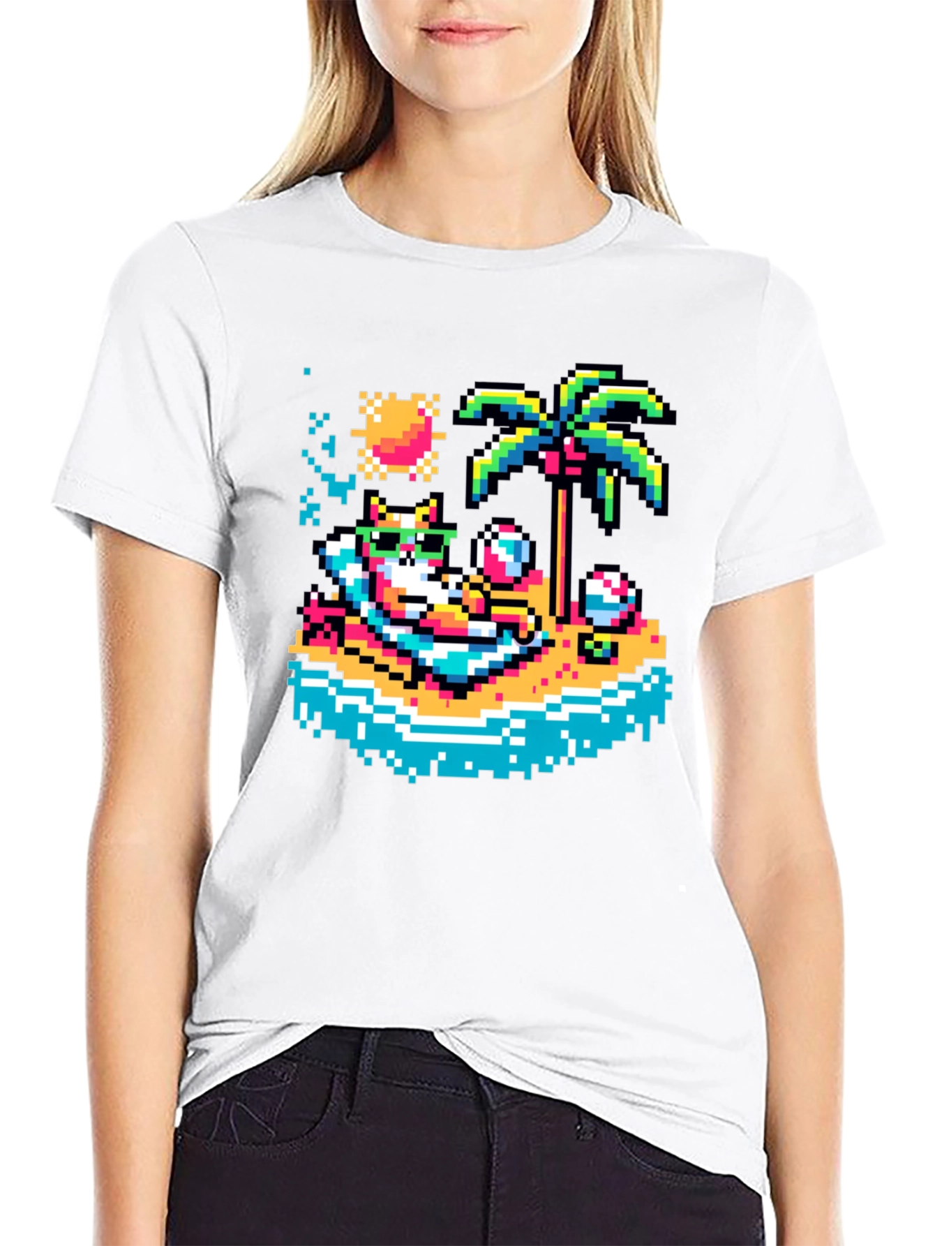 Pixel Cat Beach T-Shirt - Retro Summer Vibes