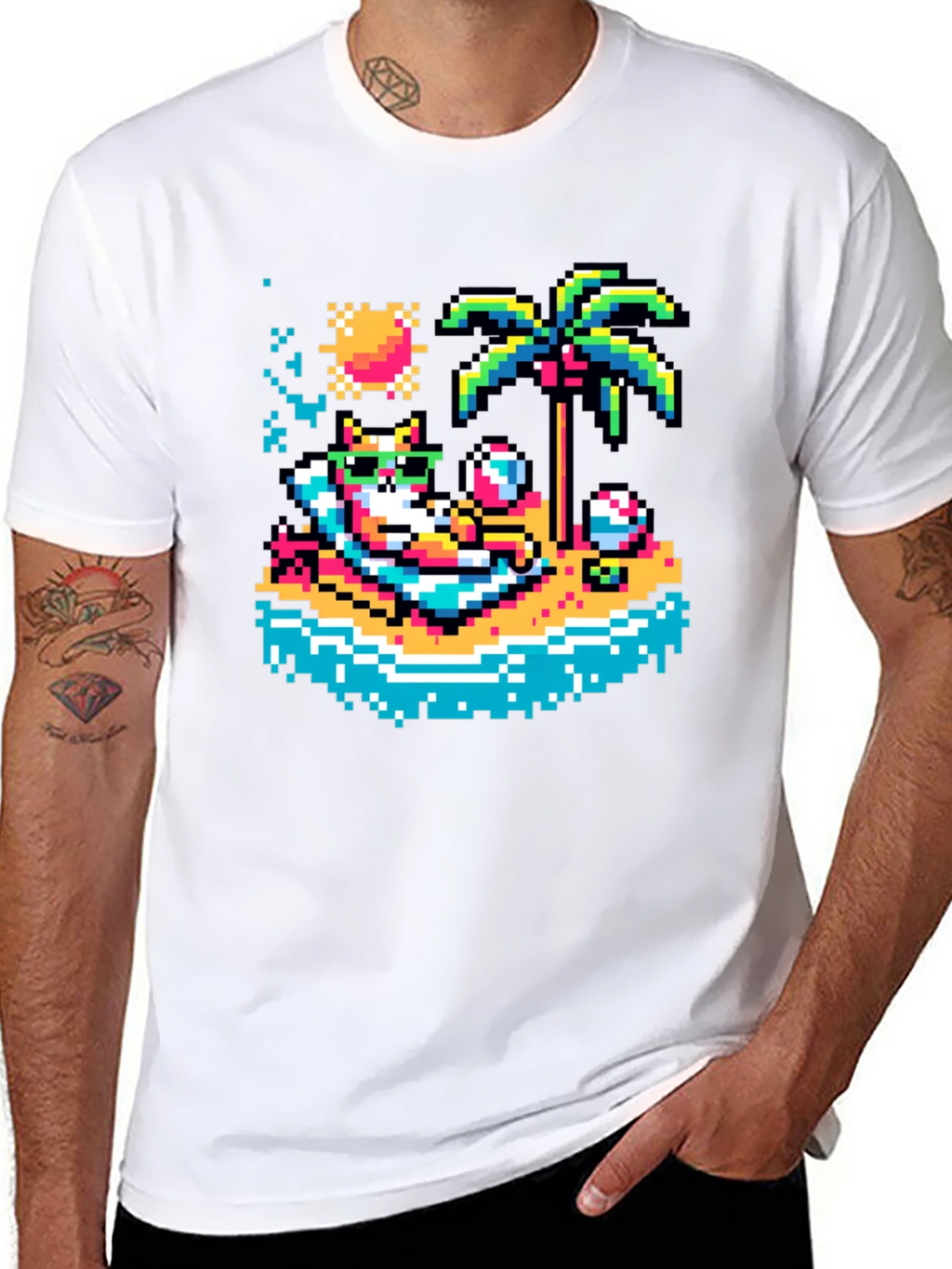 Pixel Cat Beach T-Shirt - Retro Summer Vibes