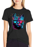 Cool Cat Graphic Tee - Stylish Neon Feline