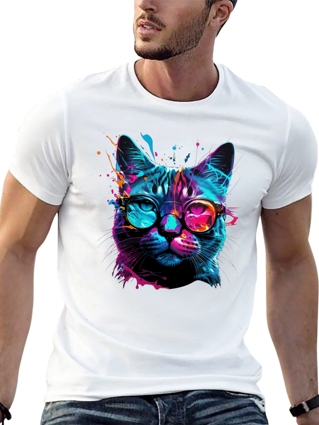 Cool Cat Graphic Tee - Stylish Neon Feline
