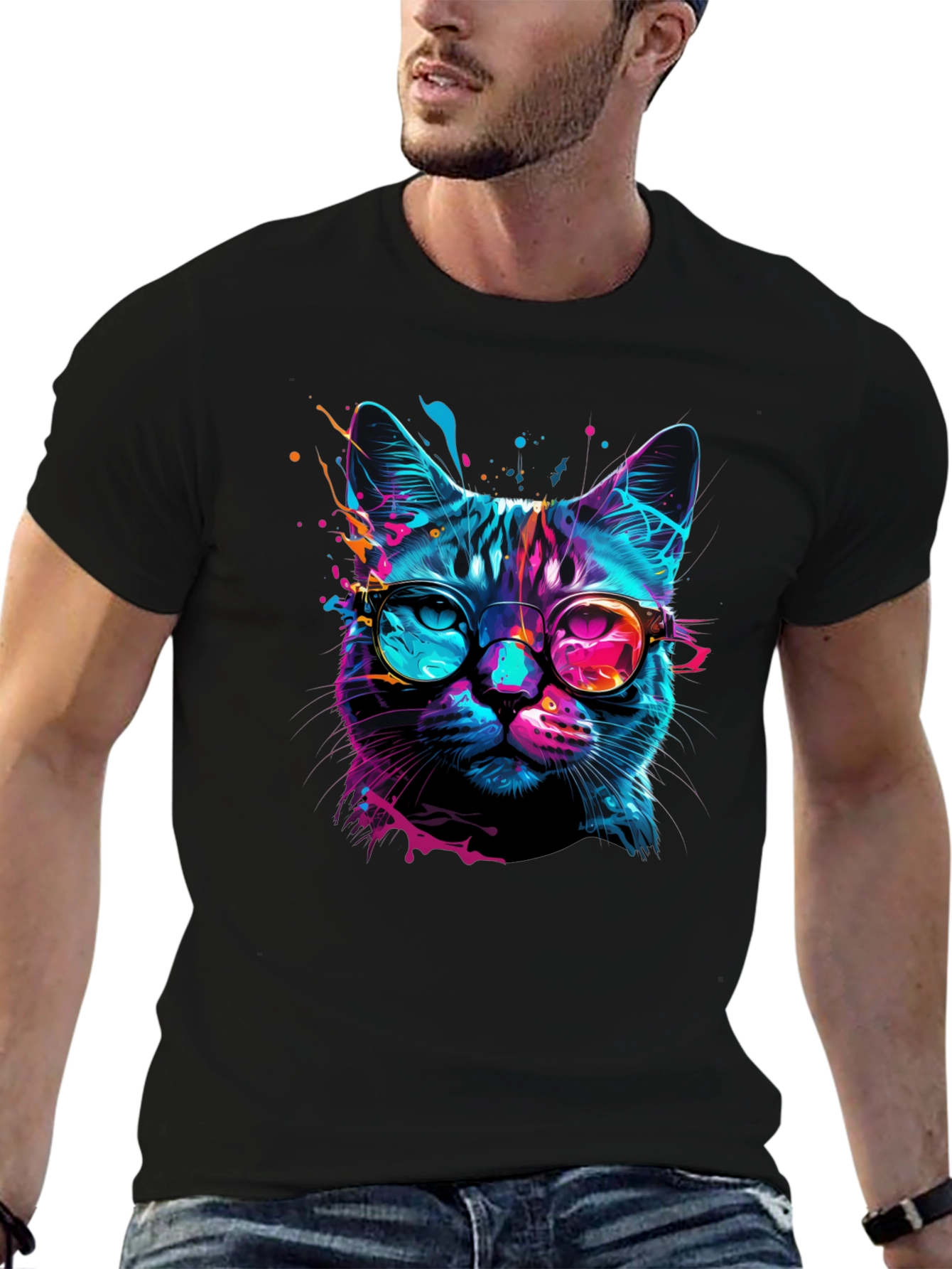 Cool Cat Graphic Tee - Stylish Neon Feline