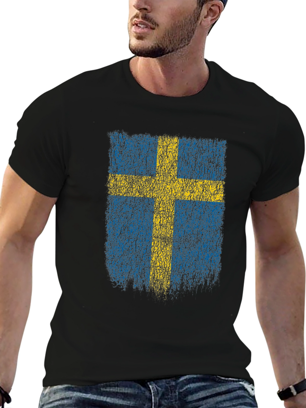 Swedish Flag Distressed T-Shirt - Black