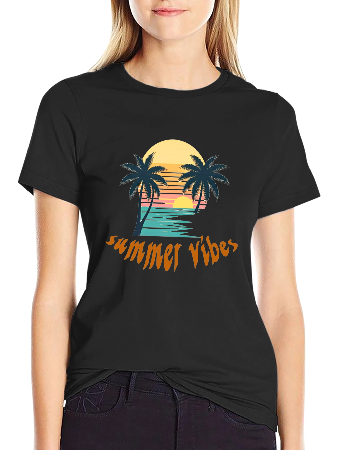 Summer Vibes Graphic Tee - Tropical Palm Tree Sunset Design