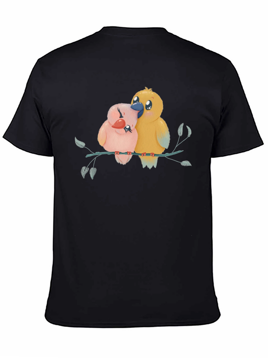 Cute Birds on Branch Graphic Tee - Black