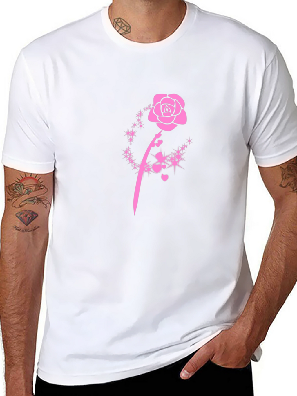 Black T-Shirt with Pink Rose Design