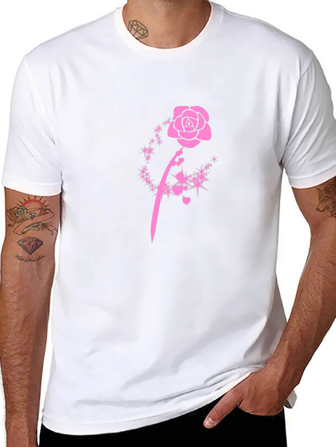 Black T-Shirt with Pink Rose Design