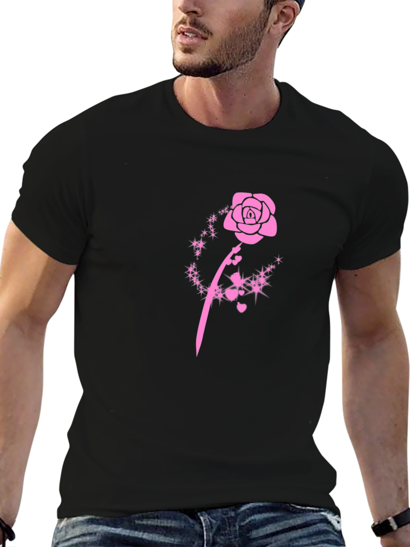 Black T-Shirt with Pink Rose Design