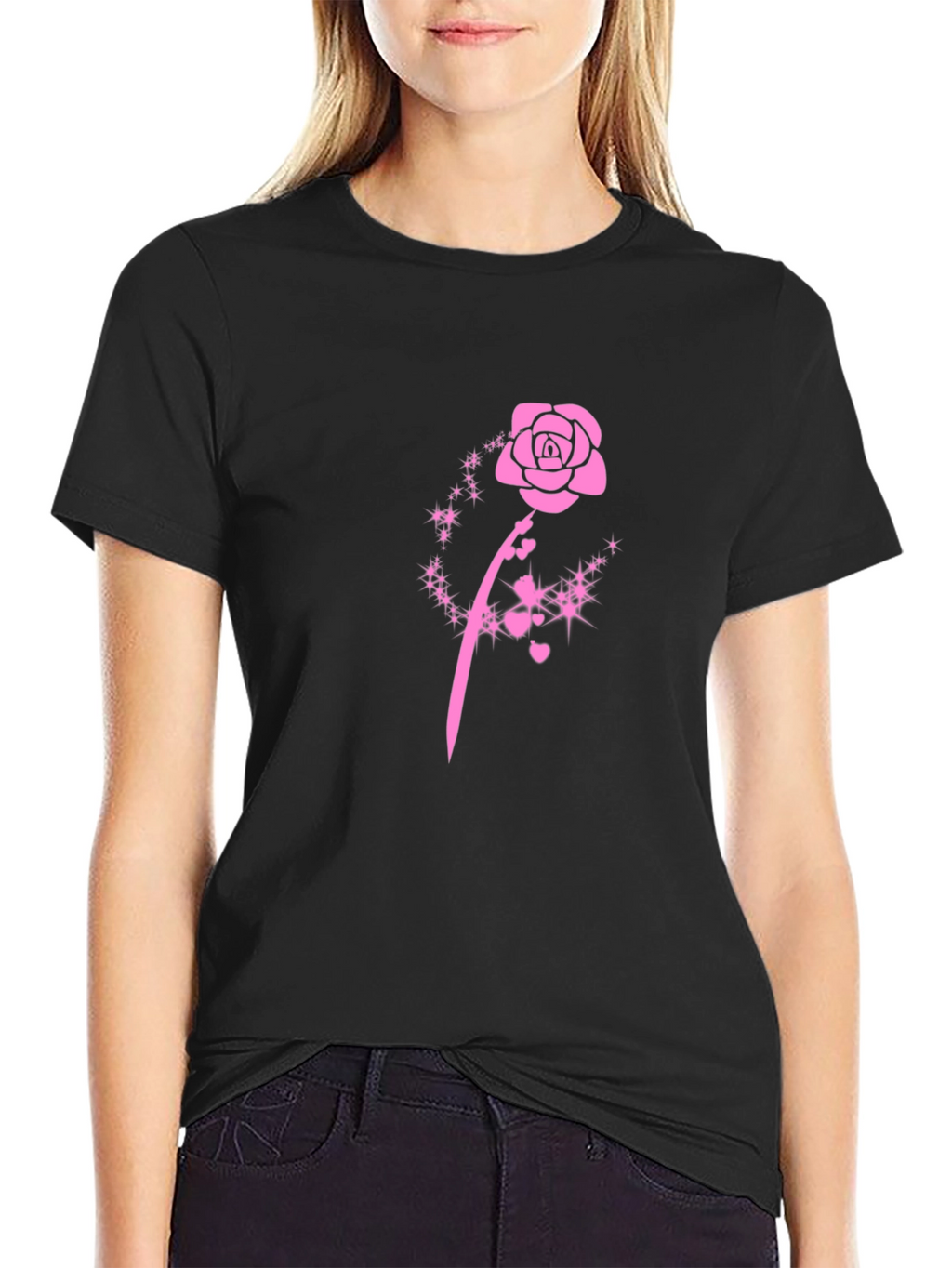 Black T-Shirt with Pink Rose Design