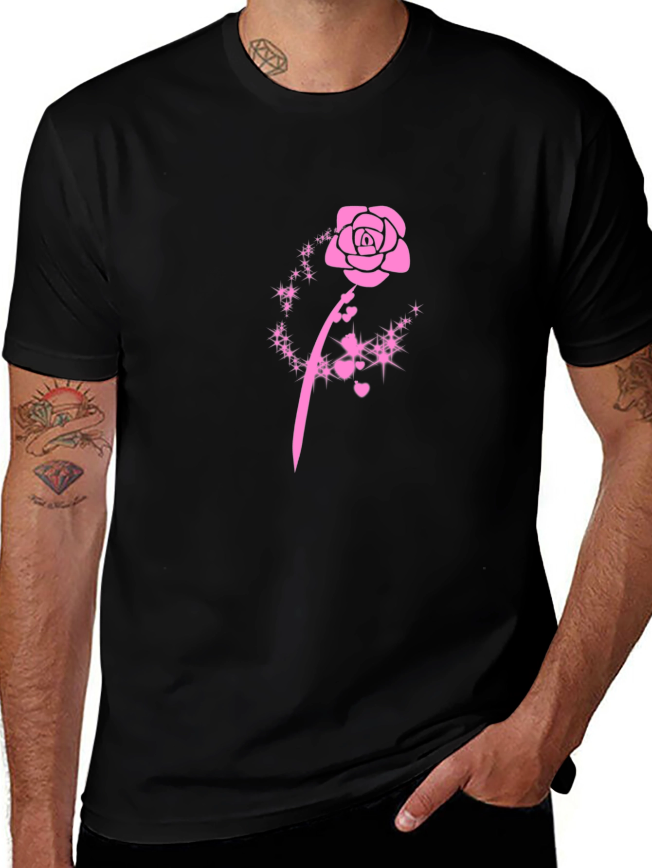 Black T-Shirt with Pink Rose Design