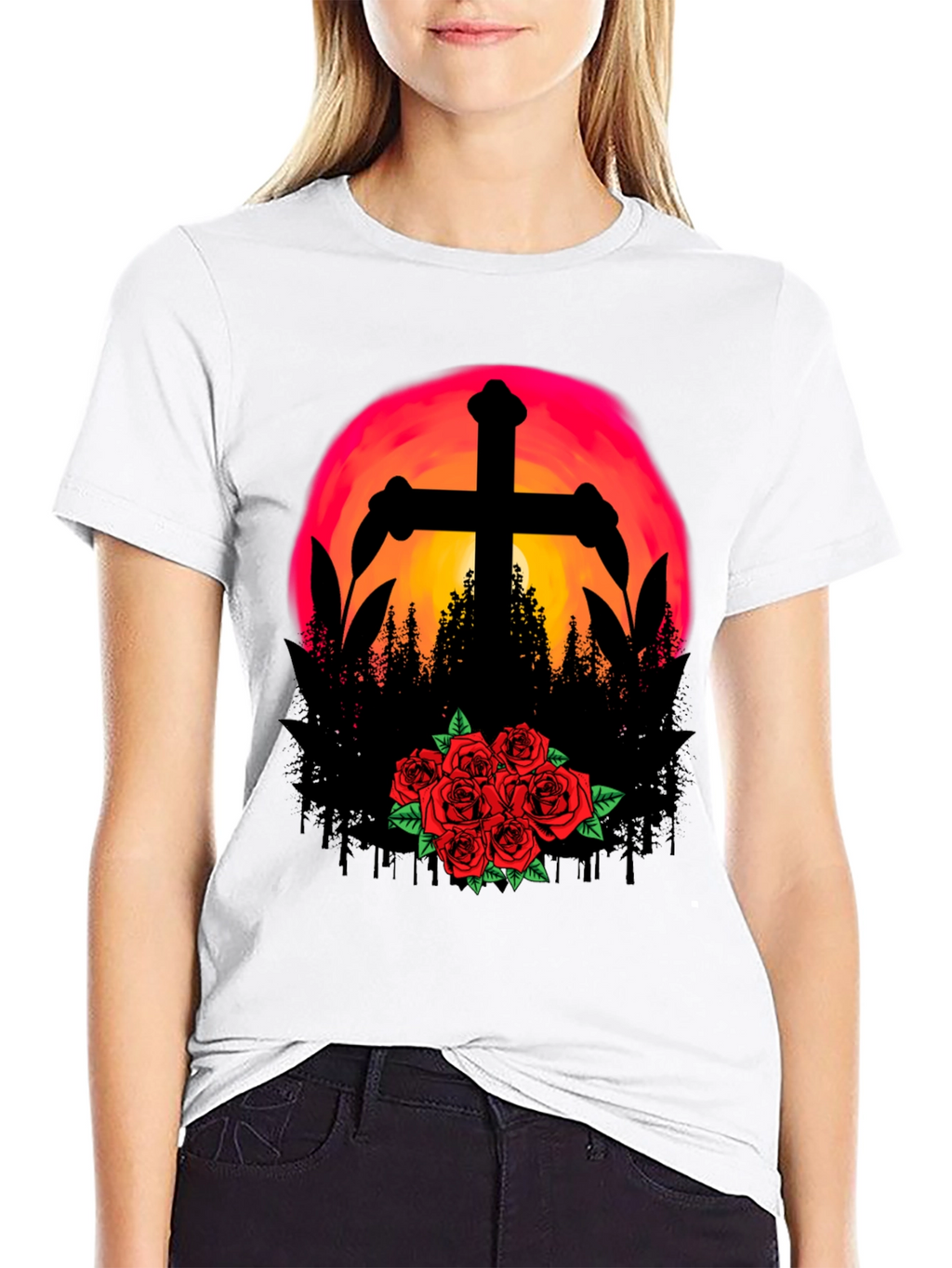 Sunset Cross & Roses Graphic Tee - Black T-Shirt
