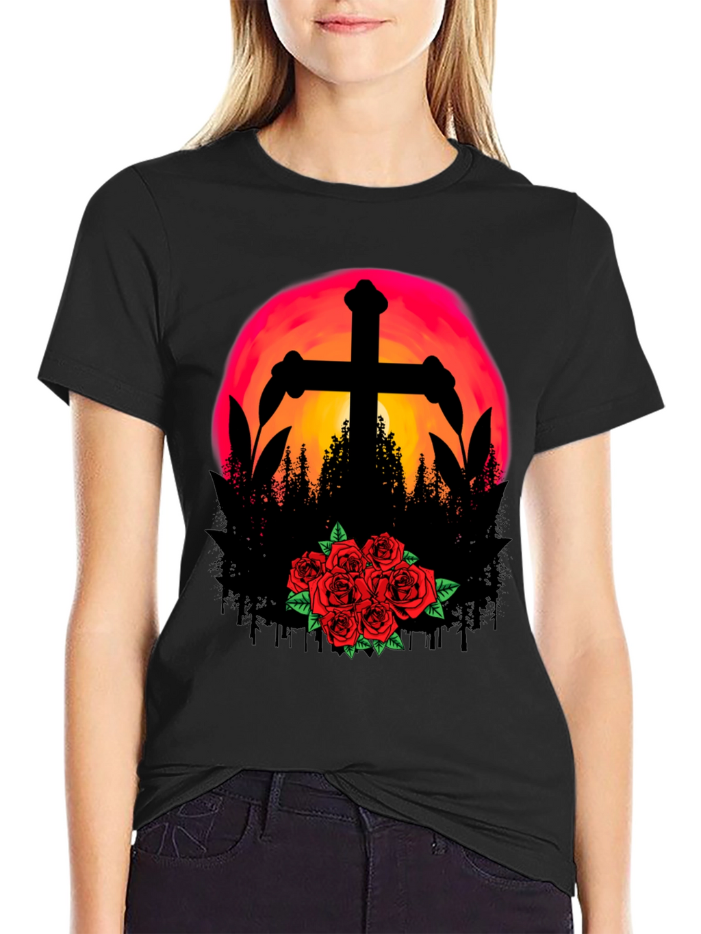 Sunset Cross & Roses Graphic Tee - Black T-Shirt
