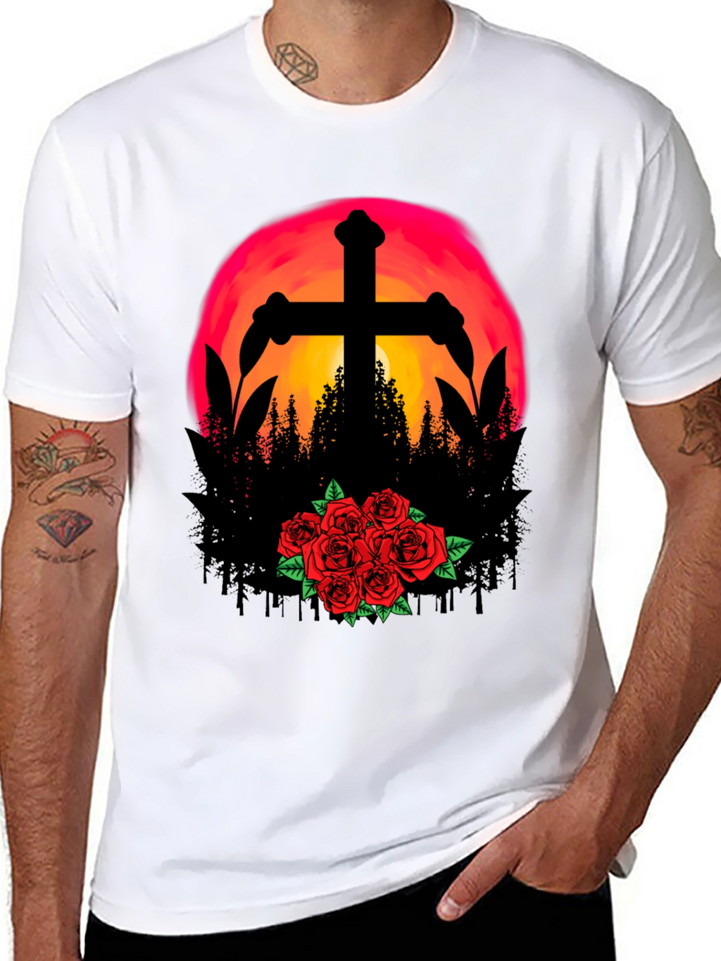 Sunset Cross & Roses Graphic Tee - Black T-Shirt