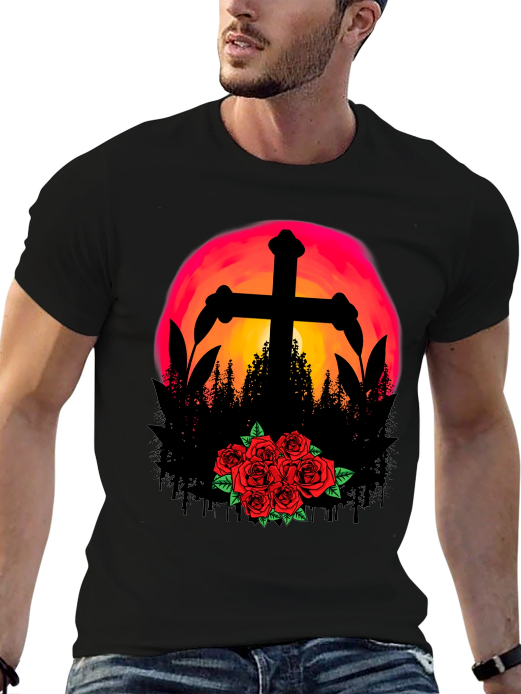 Sunset Cross & Roses Graphic Tee - Black T-Shirt