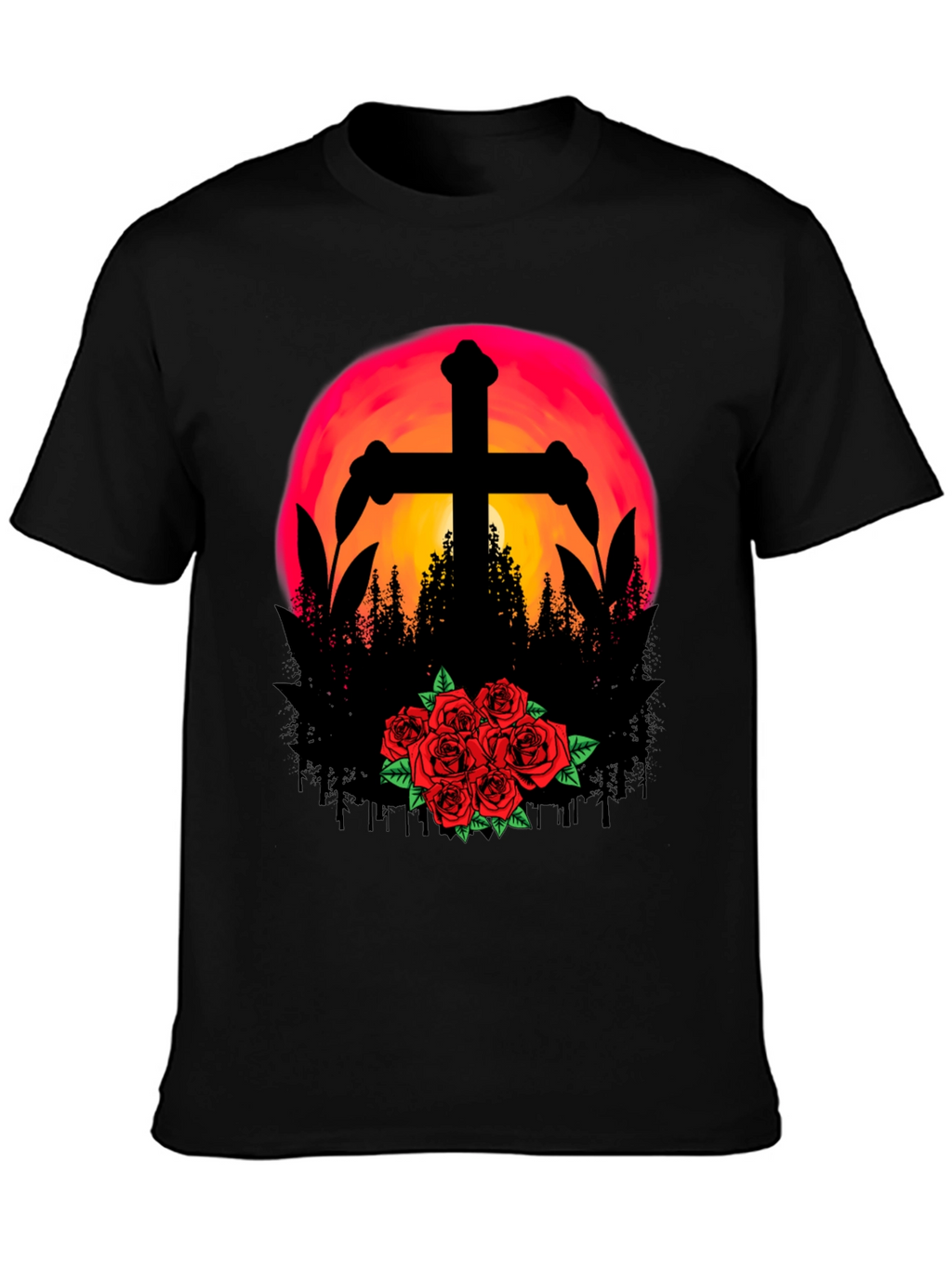 Sunset Cross & Roses Graphic Tee - Black T-Shirt