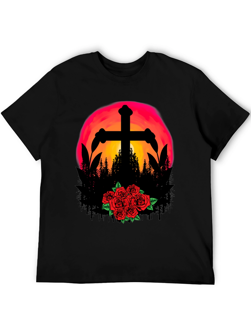 Sunset Cross & Roses Graphic Tee - Black T-Shirt