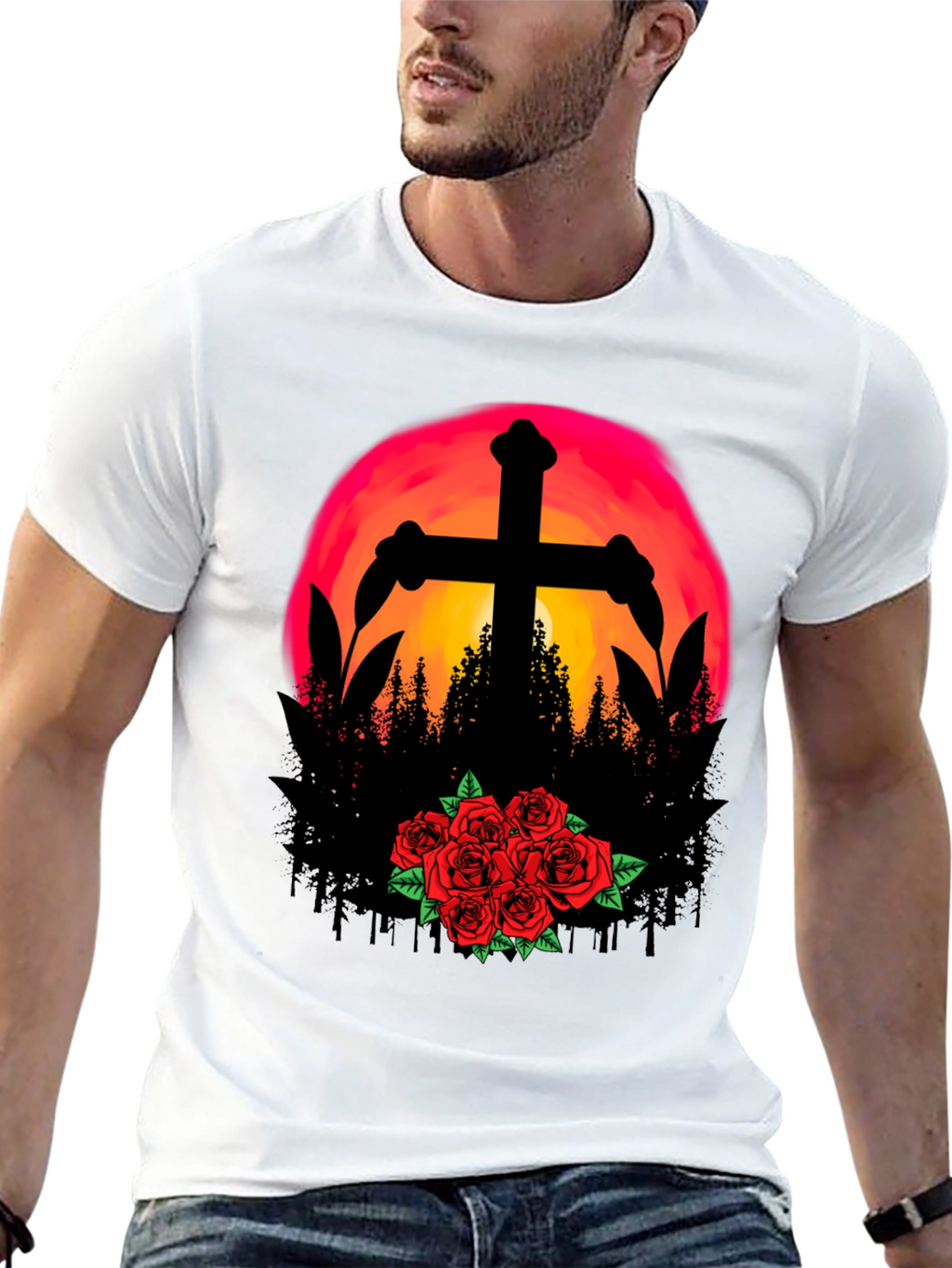 Sunset Cross & Roses Graphic Tee - Black T-Shirt