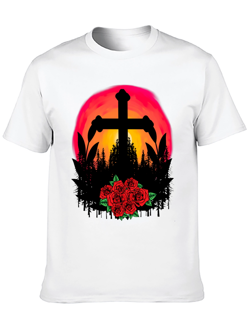 Sunset Cross & Roses Graphic Tee - Black T-Shirt