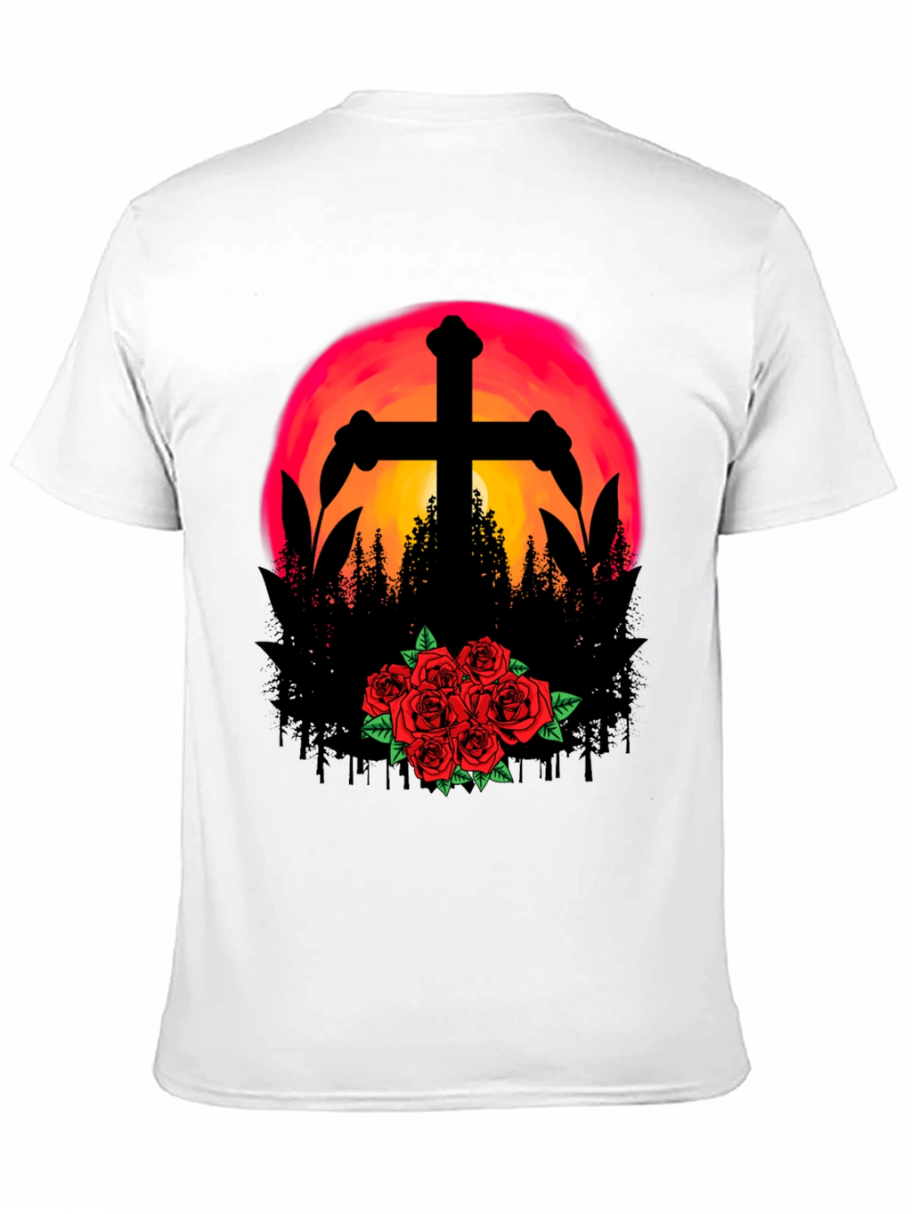 Sunset Cross & Roses Graphic Tee - Black T-Shirt