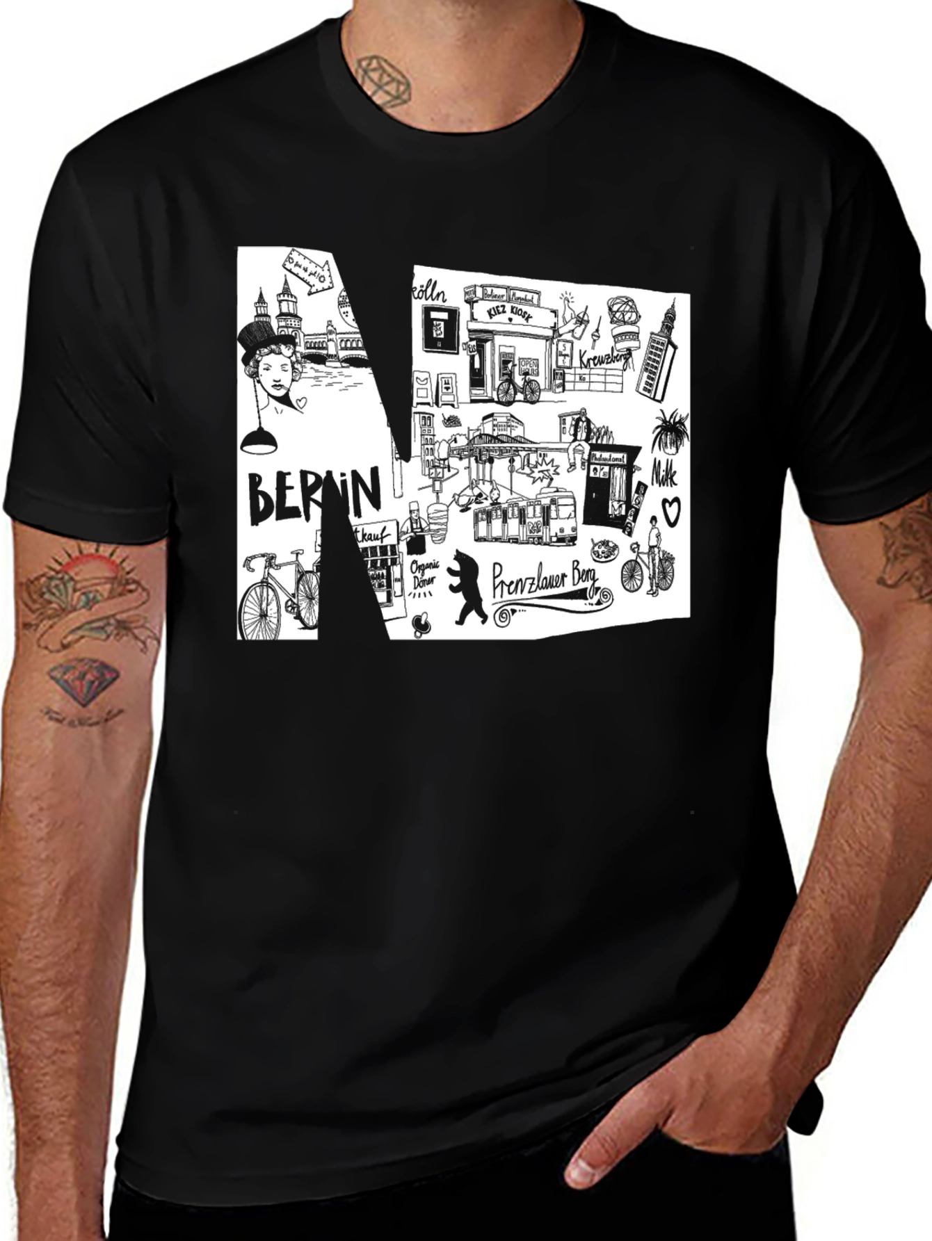 Berlin Doodle Art Mens Black T-Shirt