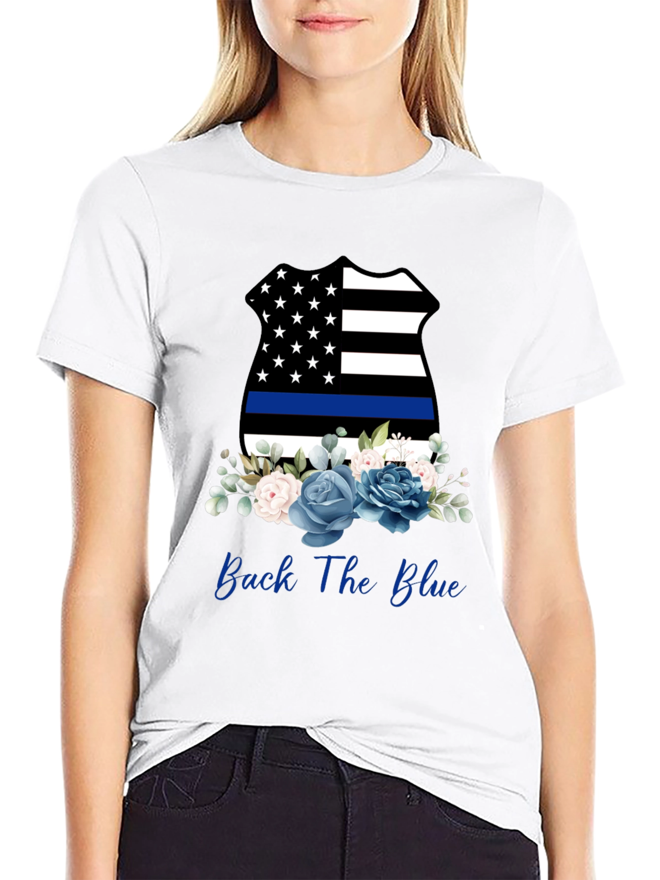 Back The Blue Floral Badge T-Shirt