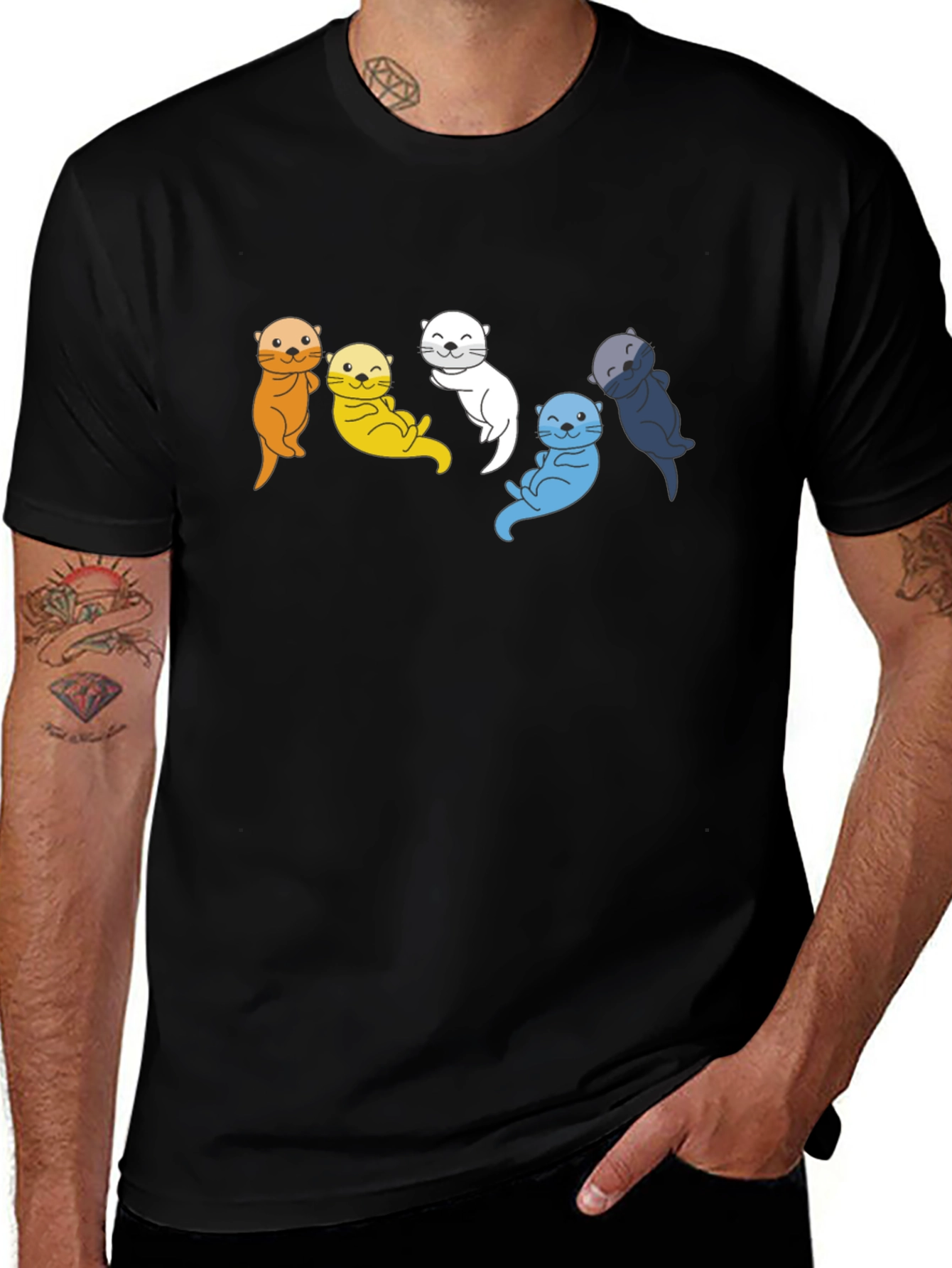 Colorful Otter Group Graphic Tee - Black Cotton T-Shirt
